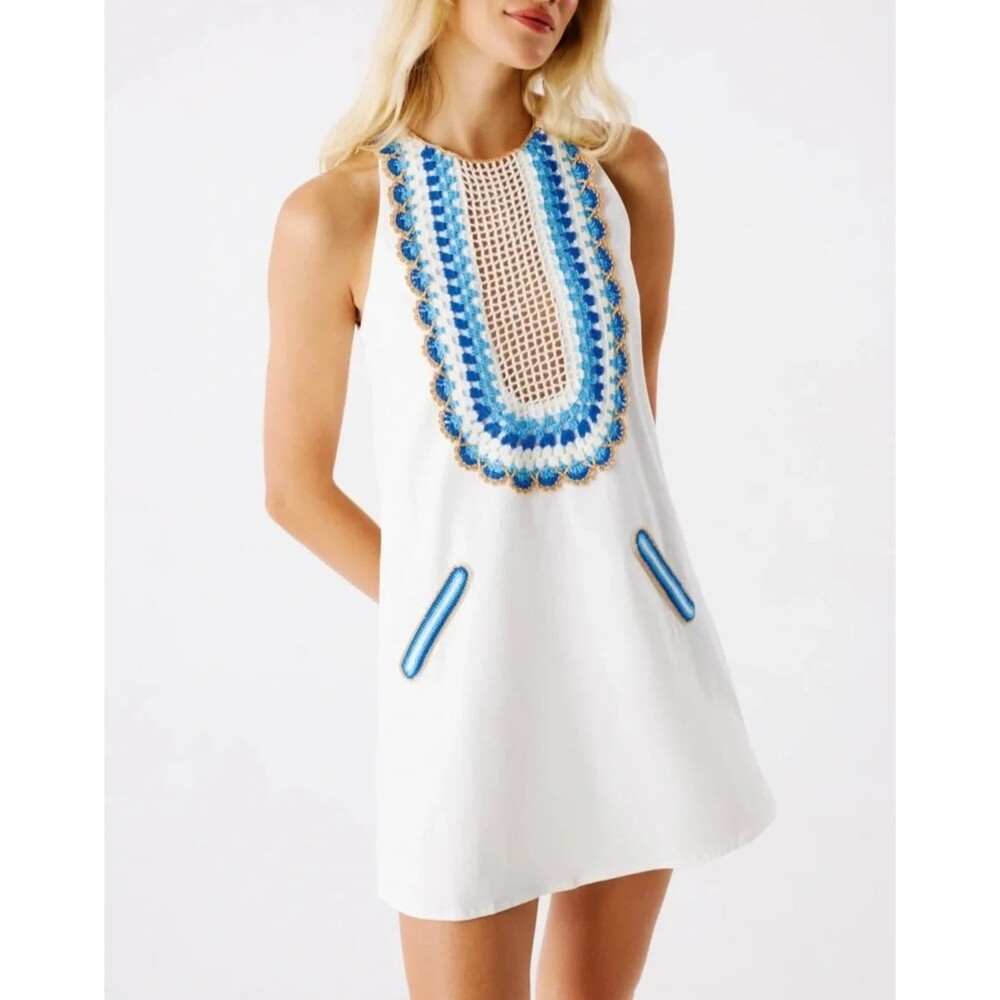 My Beachy Side Arya Mini Cotton Shift Dress Crochet White Blue NWT - Small